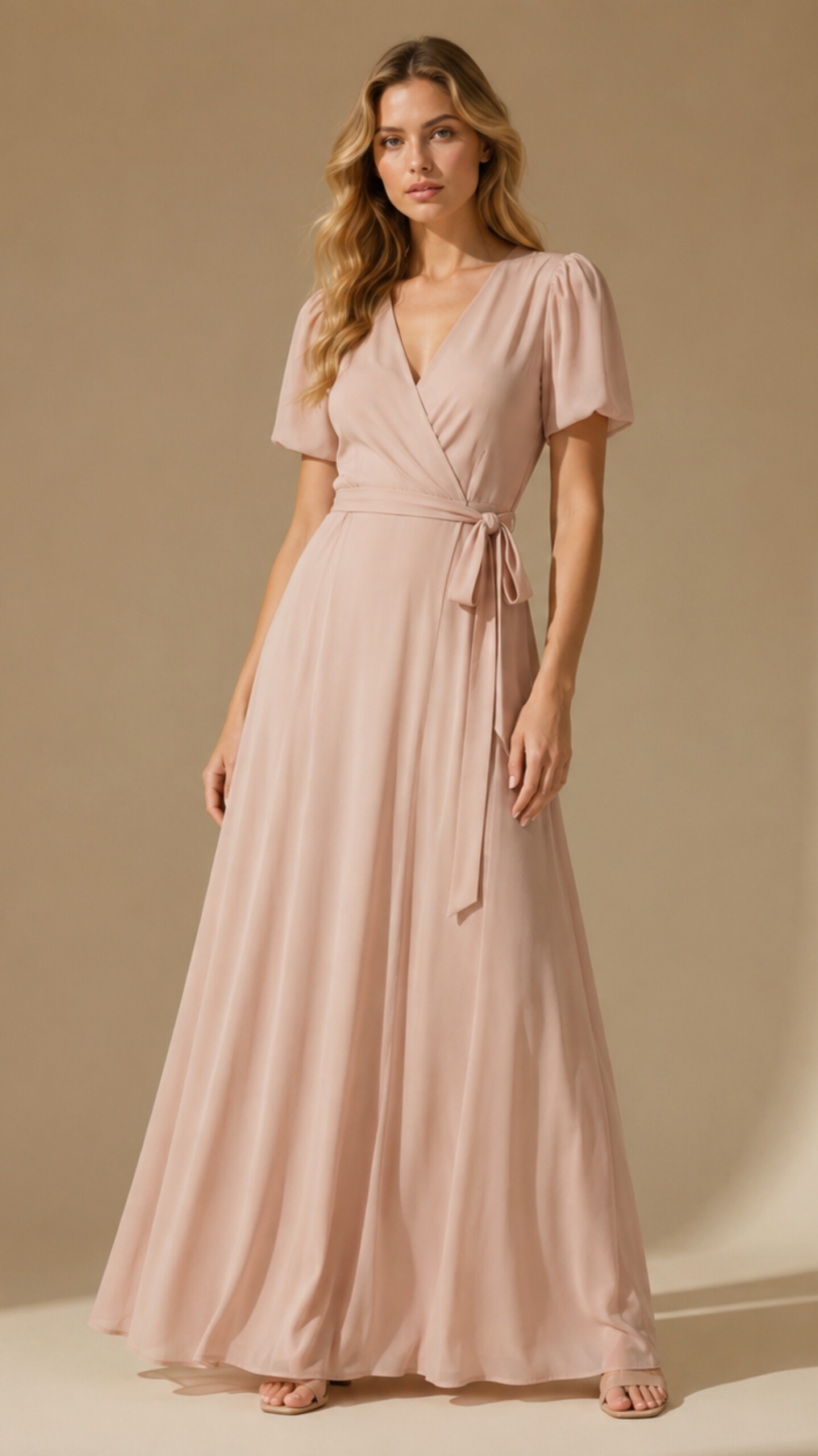 پیراهن ماکسی آستین پفی یقه ضربدری کمردار NELLY  مدل Puff Sleeve Gown